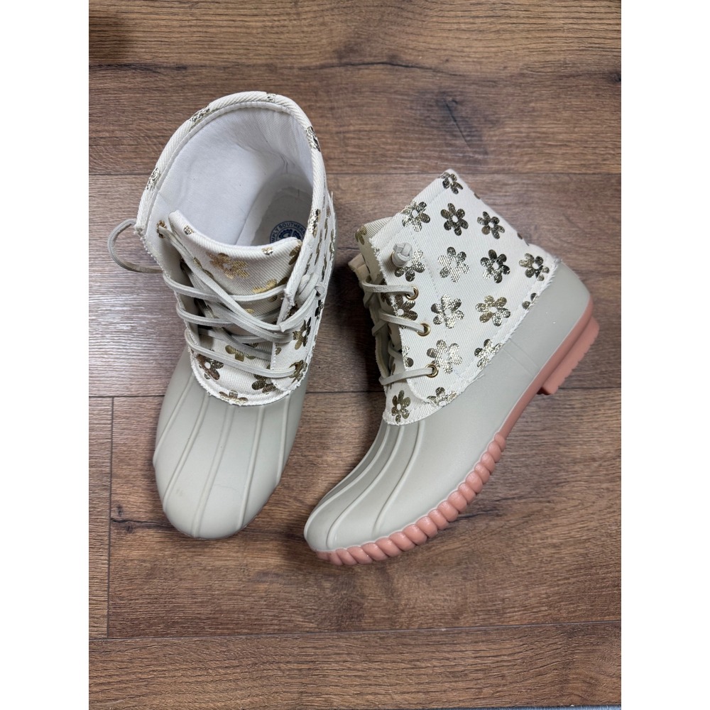 Simply Southern Womens Size 11 Duck‎ Boots Cream Gold Floral Metallic Lace Up